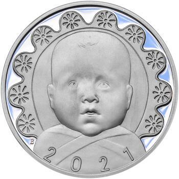 Stříbrný medailon k narození dítěte s peřinkou 2021 - 28 mm, Stříbrný medailon k narození dítěte s peřinkou 2021 - 28 mm - 1