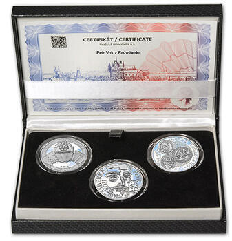 PETR VOK Z ROŽMBERKA – návrhy mince 200 Kč - sada tří Ag medailí 34 mm Proof v etui - 1